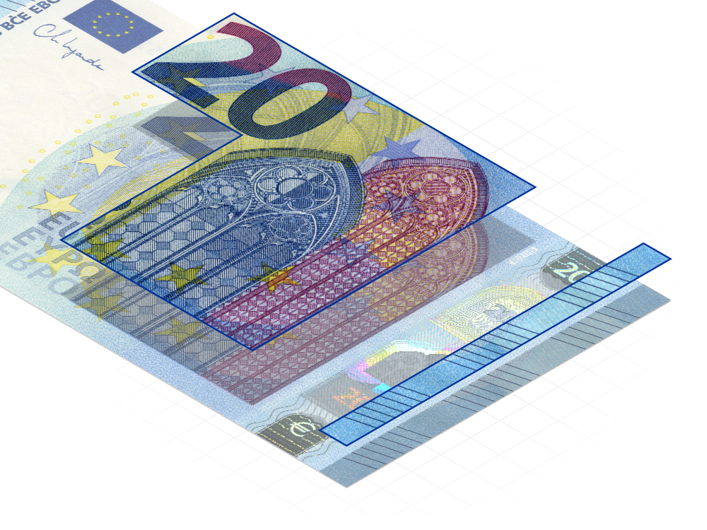Detail of a €20 banknote highlighting its raised design elements: the value numeral, the main image depicting different architectural styles and the tactile marks.
